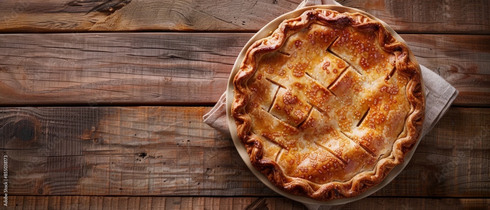 A golden brown pie crust on a rustic wooden table. A golden brown pie crust on a rustic wooden table.