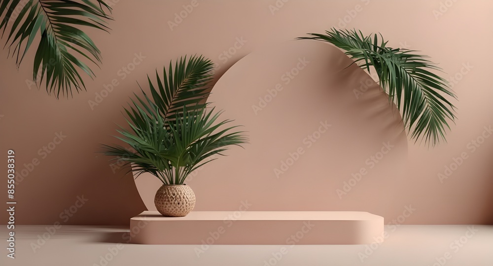 Minimalist modern abstract geometric mockup podium display with fresh palm leaves on a pastel color background Minimalist modern abstract geometric mockup podium display with fresh palm leaves on a pastel color background
