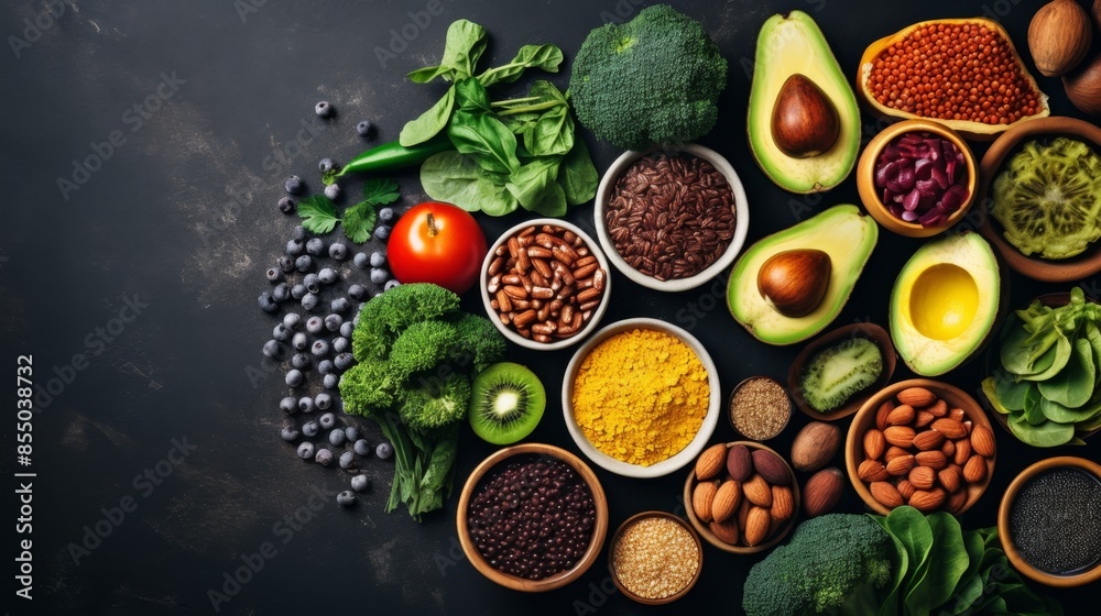 Assorted healthy vegetables, fruits, nuts, and seeds on a dark background. Assorted healthy vegetables, fruits, nuts, and seeds on a dark background.