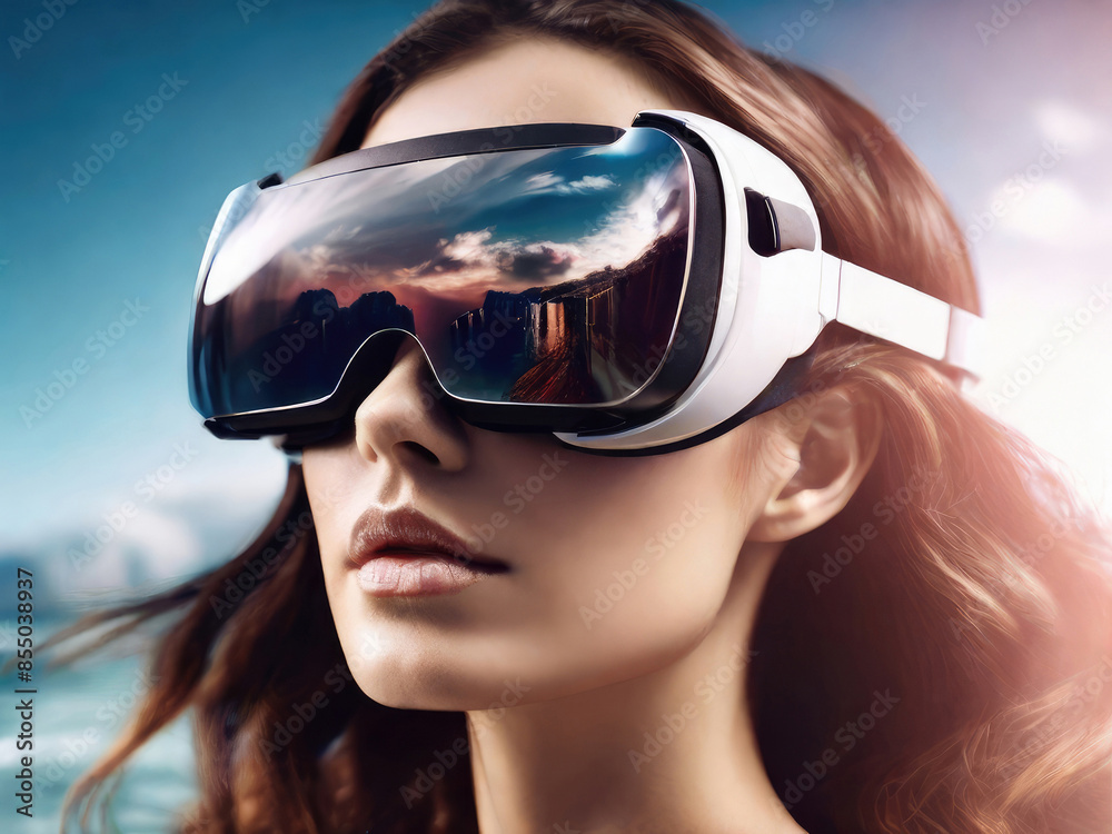 Naklejka premium A young woman puts a virtual reality headset over her eyes. Modern technologies innovation.