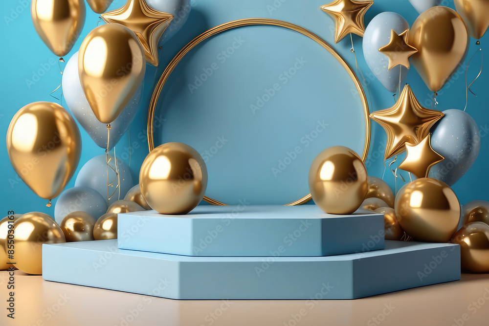 Happy birthday blank podium with stars balloons, gold accents and a celebratory atmosphere on a blue background. Happy birthday blank podium with stars balloons, gold accents and a celebratory atmosphere on a blue background.