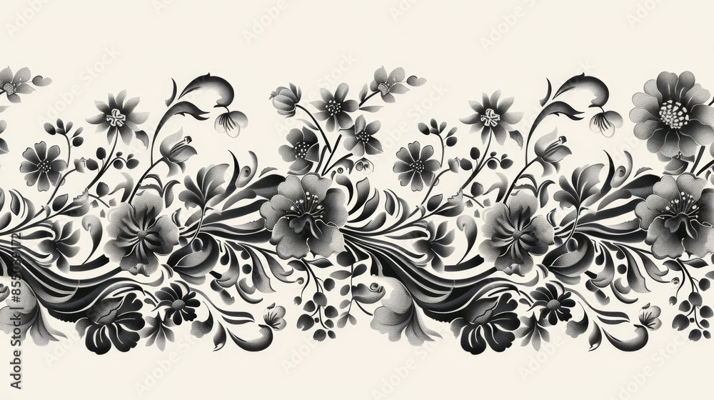 Black and white floral pattern on light background. Black and white floral pattern on light background.