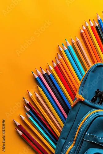 A blue backpack with a bunch of colored pencils on top of it