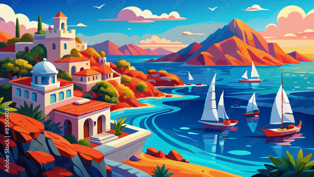 Clear blue sea and red volcanic rocks. Summer seascape.