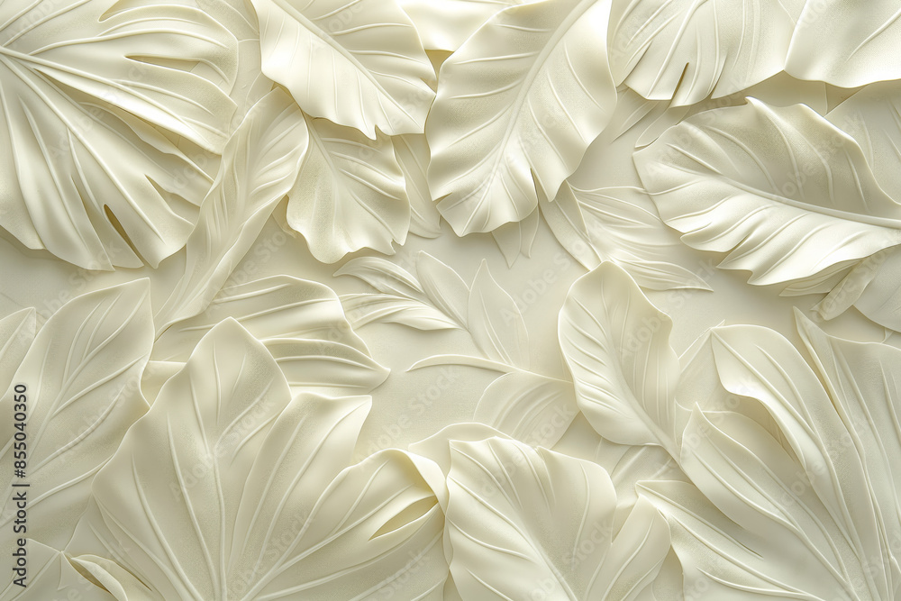 Elegant Monochromatic Tropical Leaves: Subtle Relief Pattern Art Elegant Monochromatic Tropical Leaves: Subtle Relief Pattern Art