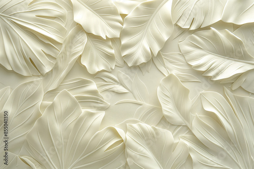 Elegant Monochromatic Tropical Leaves: Subtle Relief Pattern Art