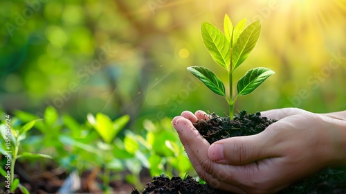 A person is holding a small plant in their hand. The plant is surrounded by green leaves and is growing in the dirt. Concept of nurturing and growth, as the person is taking care of the plant