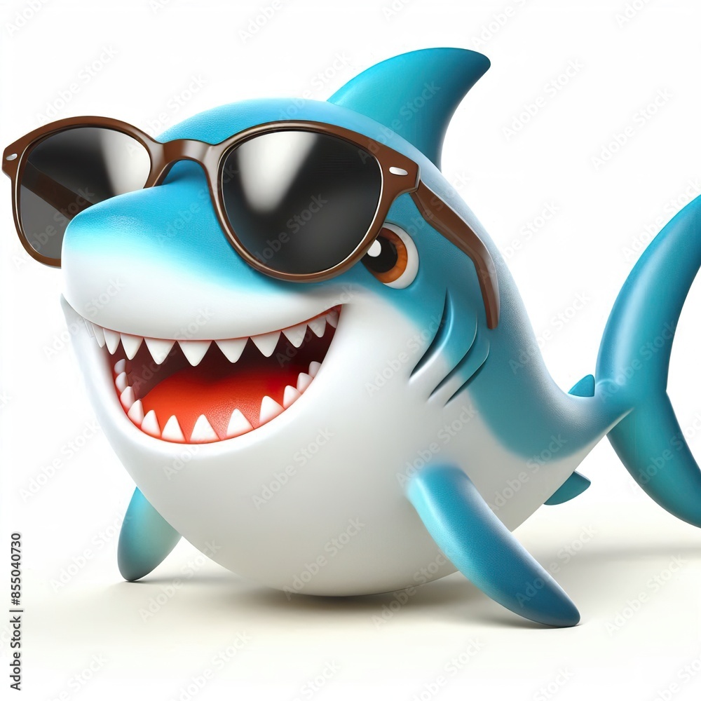 3D cartoon of a Happy Shark fish wearing sunglasses, full body isolated white background 3D cartoon of a Happy Shark fish wearing sunglasses, full body isolated white background