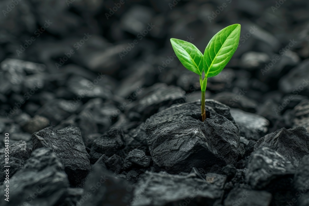 Green sprout emerging from coal pile symbolizing sustainability transition