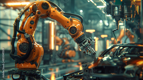 Industrial robots with AI capabilities performing synchronized tasks on an automobile assembly line in a high-tech factory.