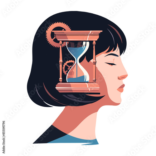 Self knowledge and development, profile head of woman with hourglass inside. Hourglass signifying passage of time and importance of seizing present moment, journey of self-discovery. Vector