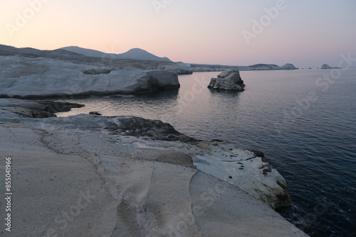 White Stone Seascape and Sunset at Sarakiniko Beach, Milos Island, Greece