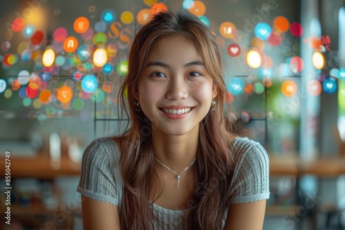 A bright portrait of an Asian girl who has long and fluffy hair, beautiful eyes, and an attractive smile is staring with a happy face. with a background decorated with numerous hearts.