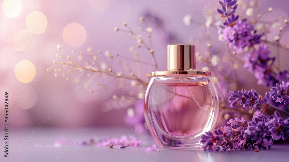 Elegant Perfume Bottle Surrounded by Lavender Blossoms in Soft, Romantic Light Elegant Perfume Bottle Surrounded by Lavender Blossoms in Soft, Romantic Light