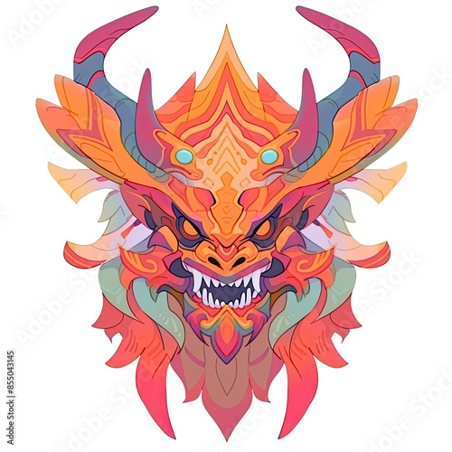 An illustration of a dragon's head with orange eyes and sharp teeth