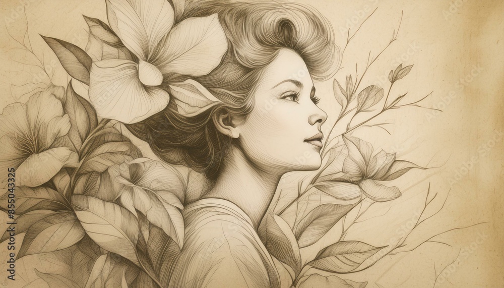 retro abstract image of a young woman; pencil drawing on old paper vintage style design, color effect and pallette retro abstract image of a young woman; pencil drawing on old paper vintage style design, color effect and pallette