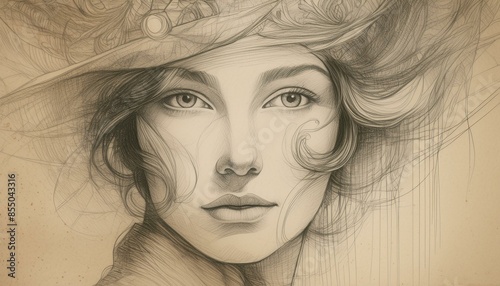 retro abstract image of a young woman; pencil drawing on old paper vintage style design, color effect and pallette	