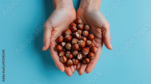 Hands Holding a Heap of Hazelnuts on a Blue Background photo