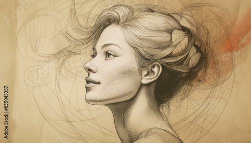 retro abstract image of a young woman; pencil drawing on old paper vintage style design, color effect and pallette	 photo