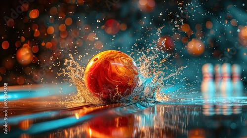 A bowling ball is in the water, and it is splashing