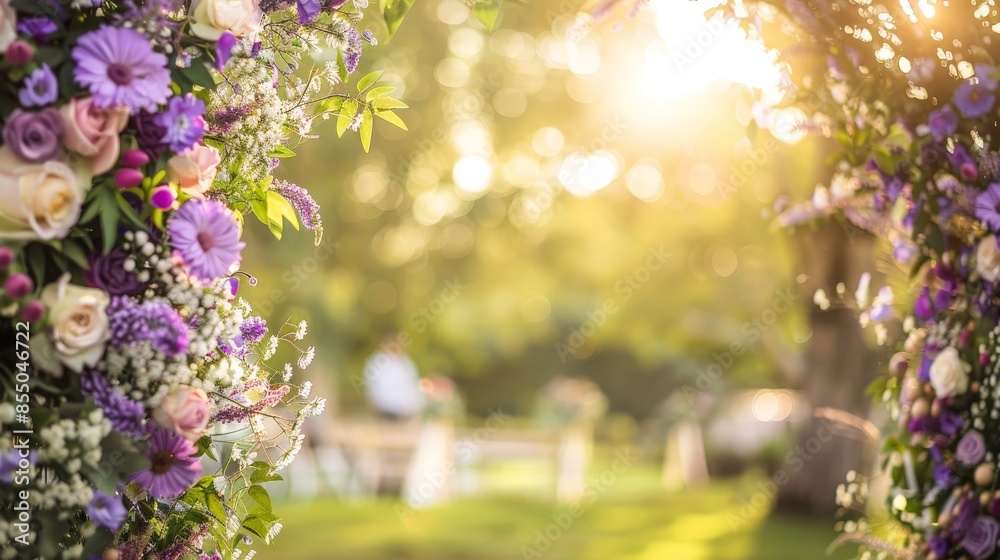 Elegant Outdoor Wedding Ceremony with Floral Arch and Guests Elegant Outdoor Wedding Ceremony with Floral Arch and Guests