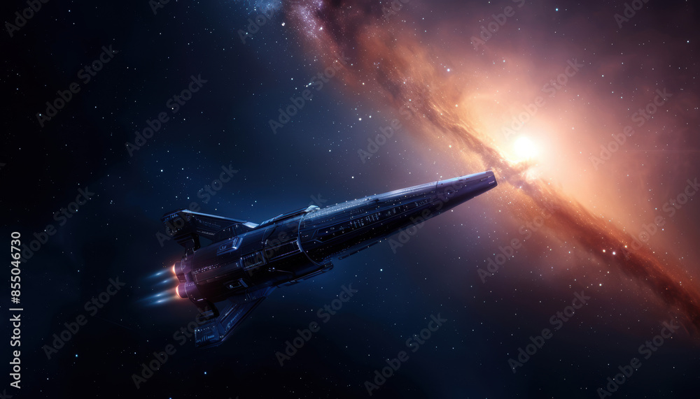 A spaceship is flying through space with a large orange star in the background A spaceship is flying through space with a large orange star in the background