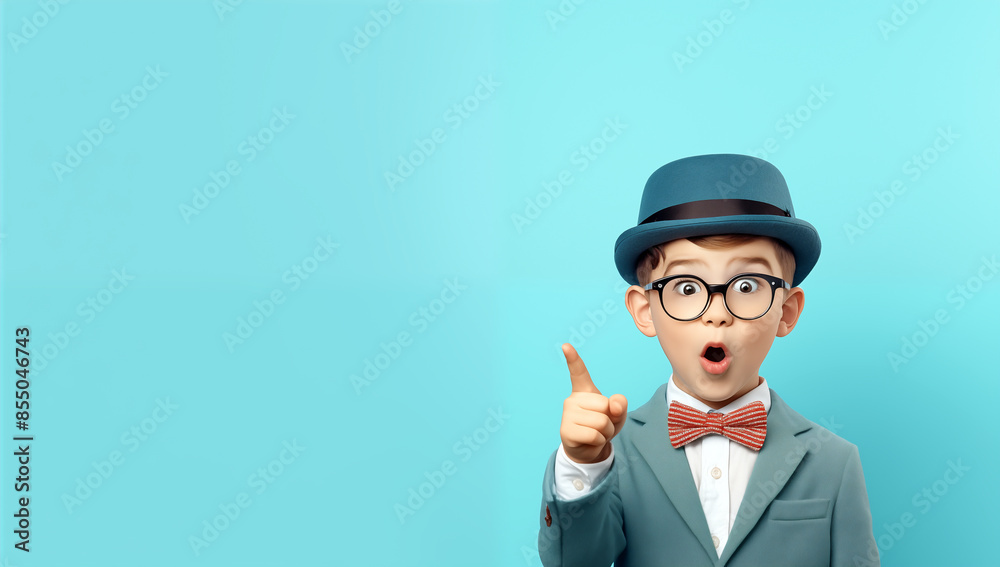 Enfant intelligent, cheveux bruns, en costume et nœud papillon avec des lunettes et un chapeau, le doigt levé sur fond isolé bleu, image avec espace pour texte. Enfant intelligent, cheveux bruns, en costume et nœud papillon avec des lunettes et un chapeau, le doigt levé sur fond isolé bleu, image avec espace pour texte.