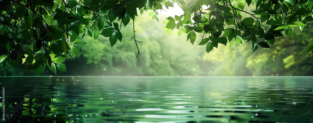 Fototapeta premium Un arrière-plan avec des feuilles vertes suspendues au-dessus de l'eau, créant une atmosphère de calme et de beauté naturelle. La lumière du soleil filtrant à travers le feuillage.