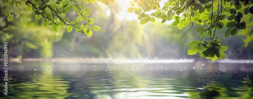 Un arrière-plan avec des feuilles vertes suspendues au-dessus de l'eau, créant une atmosphère de calme et de beauté naturelle. La lumière du soleil filtrant à travers le feuillage. photo