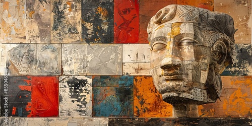 Ancient Sculpture Against Abstract Art Background, A Fusion of Cultures and Modernity