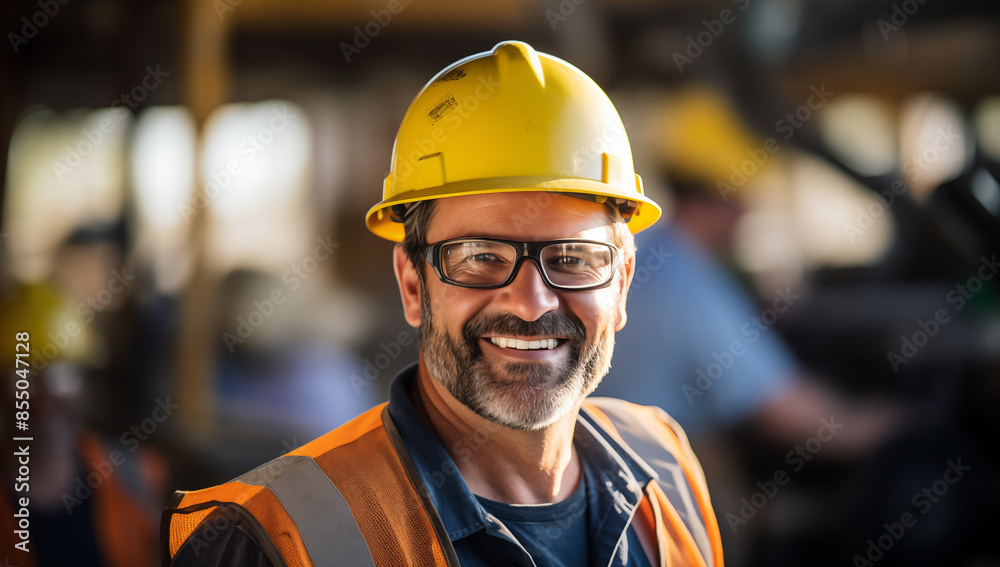 Portrait d'un ouvrier du bâtiment souriant, d'âge moyen, portant des lunettes, une barbe, un casque jaune et regardant devant lui. Portrait d'un ouvrier du bâtiment souriant, d'âge moyen, portant des lunettes, une barbe, un casque jaune et regardant devant lui.