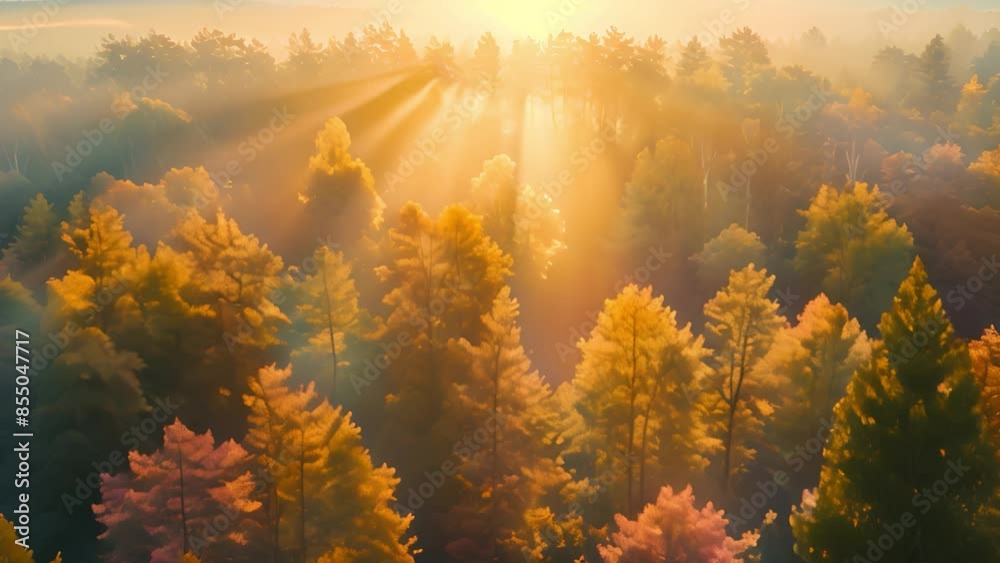 Sunlight streaming through autumn trees in a forest at dawn.