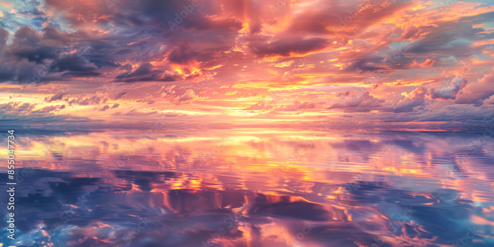 A beautiful sunset over a calm ocean with a reflection of the sky on the water