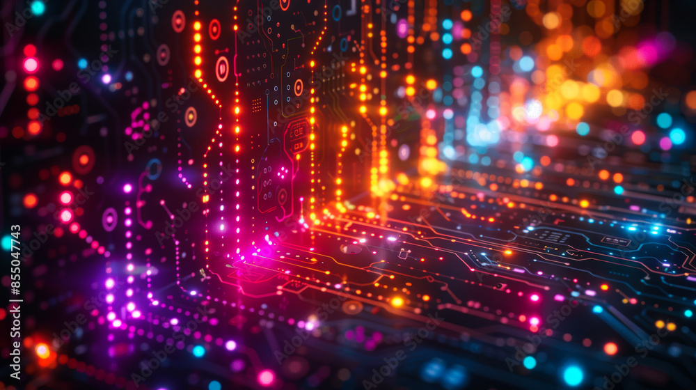 Naklejka premium Vibrant High-Tech Digital Circuit Board with LED Lights