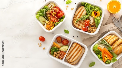healthy lunch ideas featuring a variety of colorful fruits and vegetables, including sliced red tomatoes, green lettuce, and orange carrots, served in white bowls with a silver fork photo