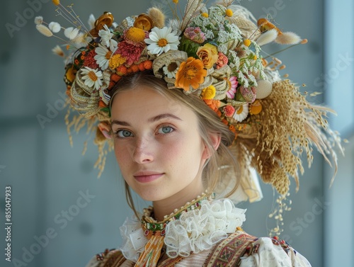 Professional photograph of a woman in traditional Finnish dress at Kiasma Museum of Contemporary Art. photo