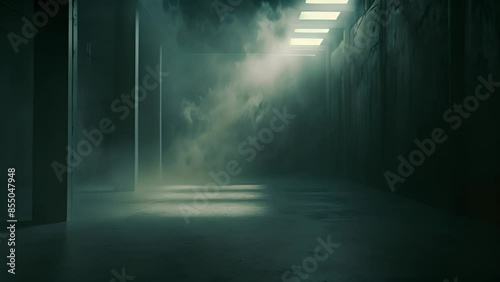 Empty dark room with light beam and foggy atmosphere