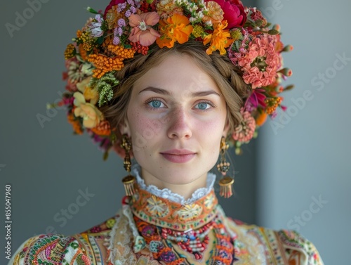 Professional photograph of a woman in traditional Finnish dress at Kiasma Museum of Contemporary Art. photo