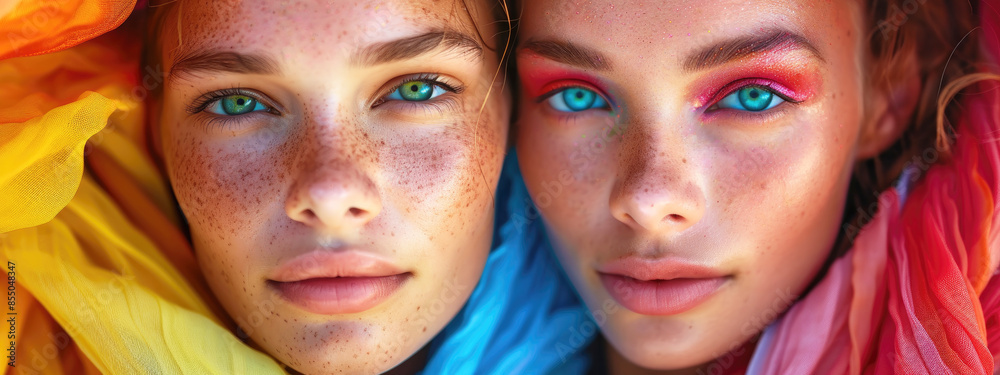 Two young girl with blue eyes wearing makeup and reddish hair are lying on pretty colorful silk scarves. Panoramic portrait of two beautiful women looking at camera Two young girl with blue eyes wearing makeup and reddish hair are lying on pretty colorful silk scarves. Panoramic portrait of two beautiful women looking at camera