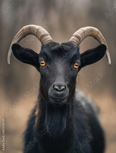 Retrato de uma cabra preta com chifres, close-up na fazenda