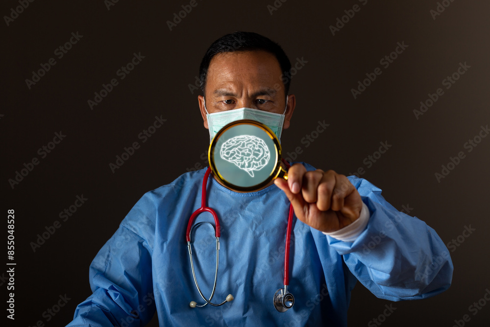 A doctor scientists looking through magnifying glass. Education, Close up hand holding magnifier glass, concept of finding or searching for an idea, search for information, find out, Find the answer.