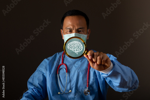 Obraz na płótnie A doctor scientists looking through magnifying glass. Education, Close up hand holding magnifier glass, concept of finding or searching for an idea, search for information, find out, Find the answer. w salonie