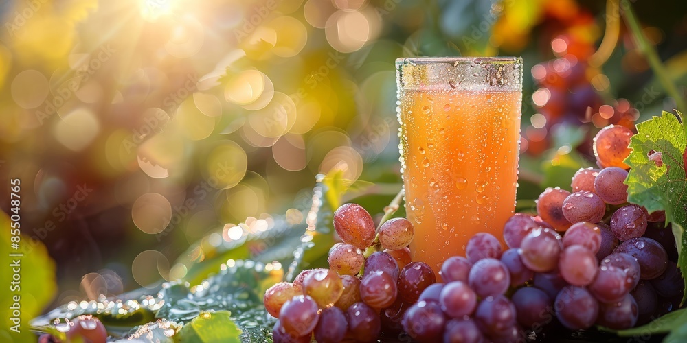 Vibrant Sunrise with Fresh Grape Juice and Dew-Kissed Grapes on Vine Vibrant Sunrise with Fresh Grape Juice and Dew-Kissed Grapes on Vine