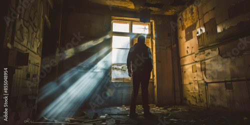 Mysterious Silhouette of a Man in a Sunlit Abandoned Room © Lidok_L