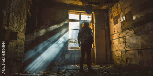 Mysterious Silhouette of a Man in a Sunlit Abandoned Room