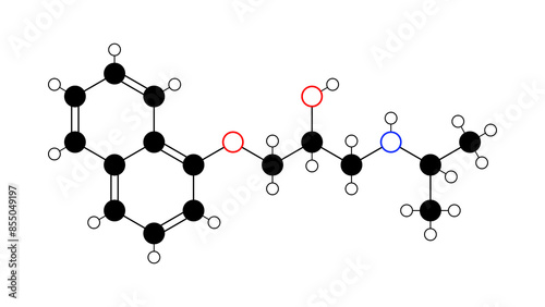 propranolol molecule, structural chemical formula, ball-and-stick model, isolated image inderal photo