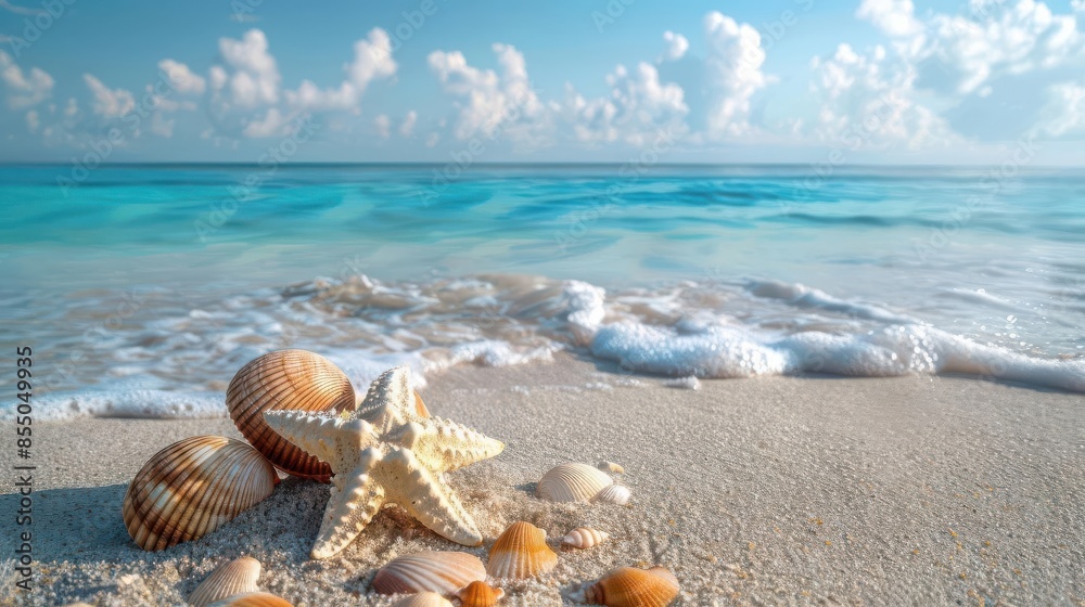 Seashells and starfish on a sandy beach with vibrant turquoise waters and a clear blue sky, creating a serene tropical paradise. Seashells and starfish on a sandy beach with vibrant turquoise waters and a clear blue sky, creating a serene tropical paradise.