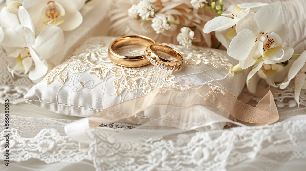 a pair of gold rings on a pillow with flowers a pair of gold rings on a pillow with flowers