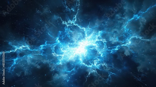 abstract blue nebula explosion with quantum lightning and glowing plasma flames futuristic fractal energy illustration © Bijac