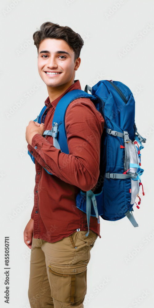 portrait of a tourist with a backpack isolated on white background. portrait of a tourist with a backpack isolated on white background.